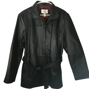 Worthington Jacket Coat XL Womens Leather Black Zip Front Pockets Self Tie